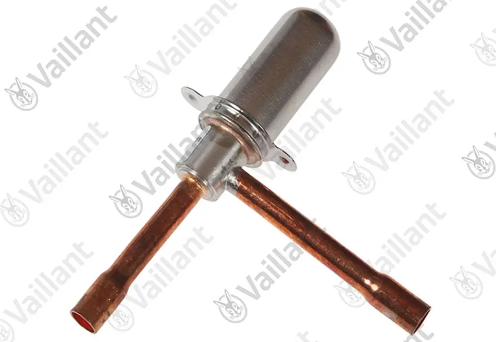 Vaillant Expansionsventil mit einem Kupferrohr und einem Metallgehäuse, geeignet für den Einsatz in Heizsystemen.